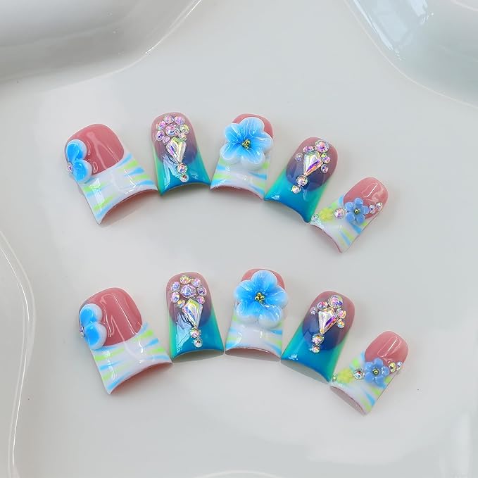 10Pcs Blue Green Duck Press on Nails Handmade Fake Nails Short French Tip False Nails with 3D Flower Rhinestone Design Acrylic Nails Press ons Summer Flower Nail Handmade Stick on Nail for Women (S)