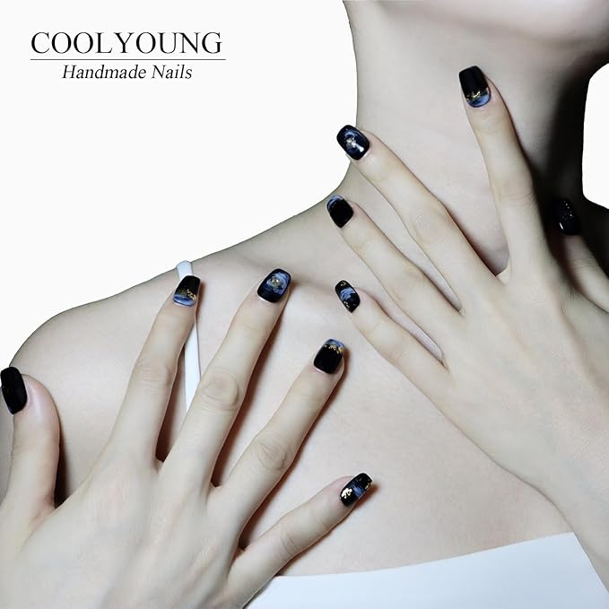 Handmade Nails Black Short Square Press on Nails 3D Stick On Nails For Women Square Shaped Press On Nails Fake Nails With Designs Woman Gifts COOLYOUNG Nails, 10 PCS, Size S