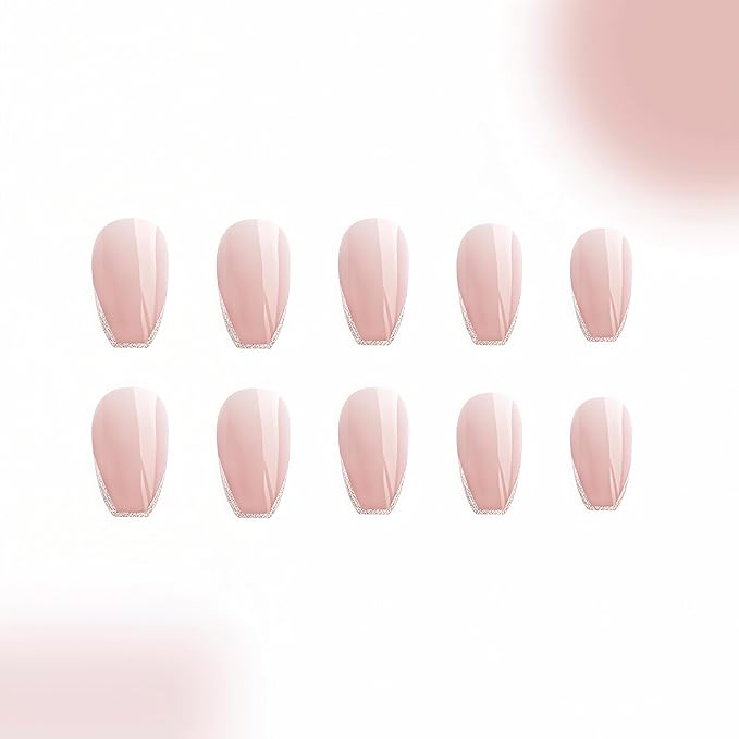 Nude Press on Nails Short Oval fake Nails Silver Glitter French false Nails Full Cover Nude Glitter French Glossy Reusable Artificial Acrylic Nails for Women and Girls DIY Manicure Decoration 24Pcs