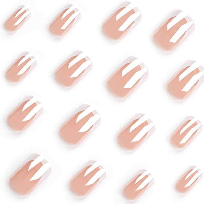 French Tip Press on Nails Short Square Fake Nails Chrome Mirror False Nails Press ons Shiny Nature Glue on Acrylic Nails Glossy Full Cover Stick on Nail for Women Manicure Decoration 24Pcs