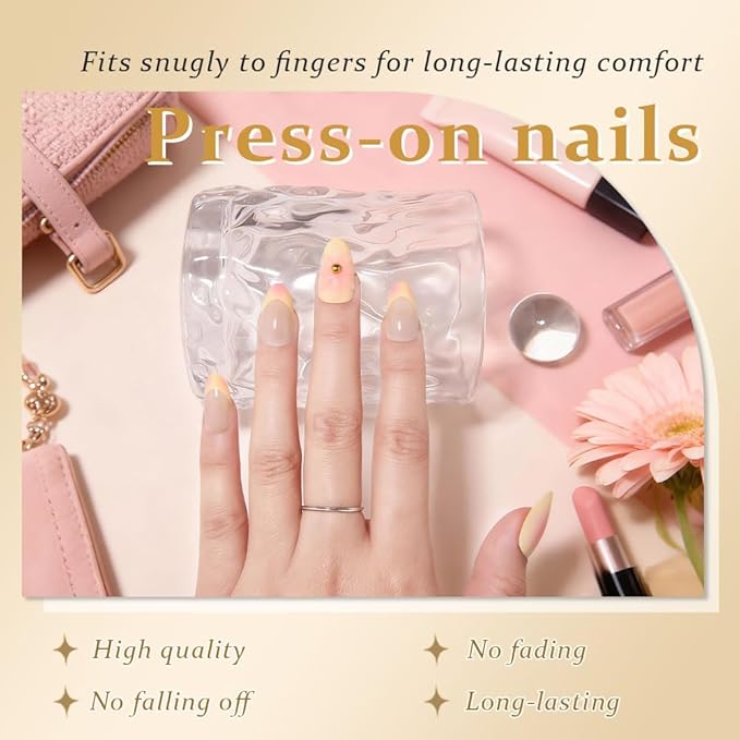 3D Ombre Yellow Press on Nails Short Almond, Peach to Yellow French Glossy Press Stick on Nails for Women Gift with Kit, Reusable Soft Gel Stick on Acrylic Fake Nail with Ombre Designs Perfectly Fit