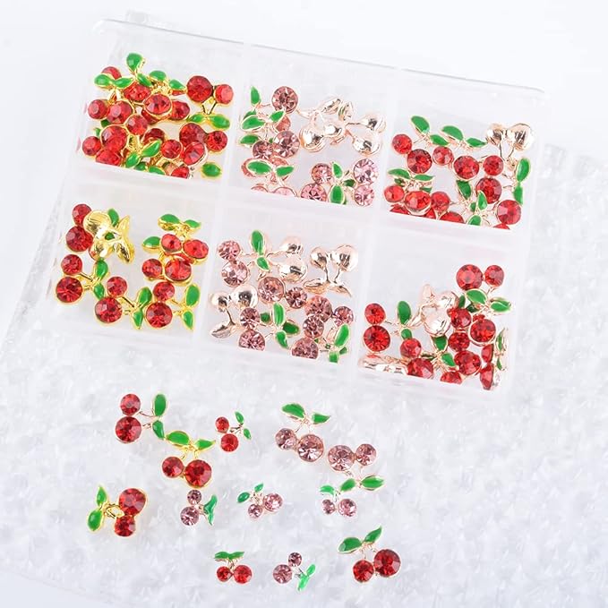 60Pcs Cherry Nail Charms 3D Cherry Nail Rhinestones Glitter Nail Gems Metal Gold Rose Gold Kawaii Fruit Nail Charms for Girl DIY Nail Art Craft Accessories