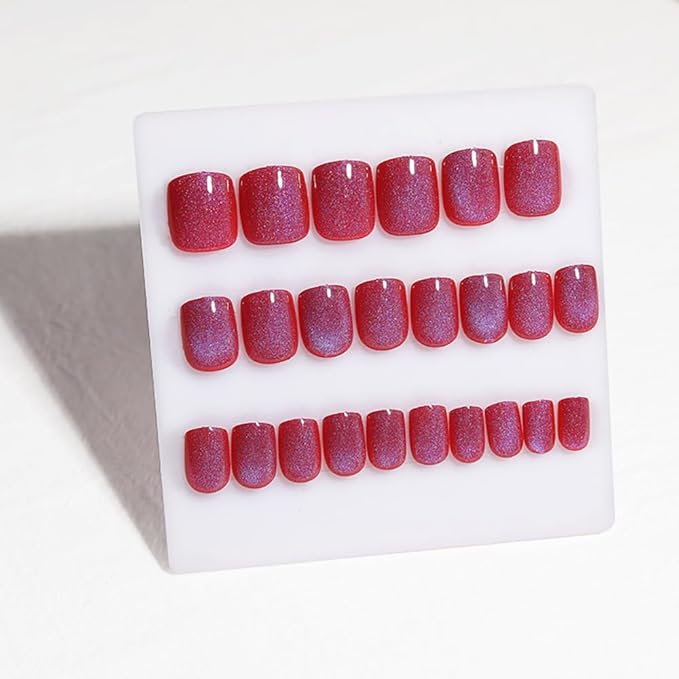 Press on Nails Short Square, Blue-Red Shift Cat Eye Press on Nails, Fashion Gel Fake Nails, Reusable Acrylic Fake Nails, Glossy Stick on Nails for Women Gift, Glue on Nails Kit, Twilight Rose