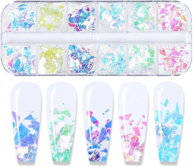 Nail Art Mermaid Flake Sequins 3D Acrylic Holographic Chunky Laser Decals Ultra Thin Iridescent Glass Paper Sticker Manicure Decoration 12 Grids