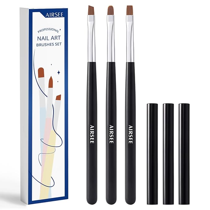 AIRSEE Nail Art Clean Up Brush Set, 3 Pcs Flat/Oval/Fine Angled Gel Brushes for Removing Polish Mistakes on Cuticles, Detailed Cleaning, Nail Design, DIY, Manicure, Black with Protective Caps