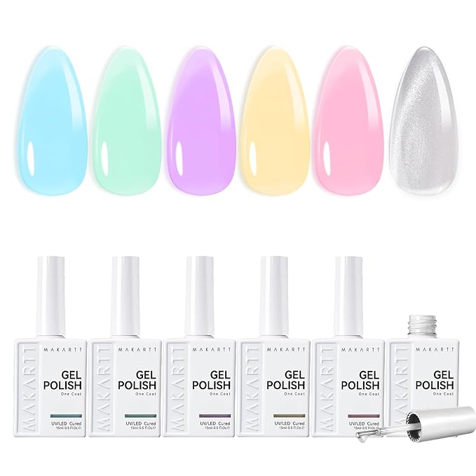 Makartt Pastel Gel Nail Polish Set: 6 Colors Jelly Gel Polish Kit 15ML One N'Done Spring Summer Glass Translucent Pink Blue Purple Yellow Green Cat Eye UV LED Nail Art Manicure Gift for Women