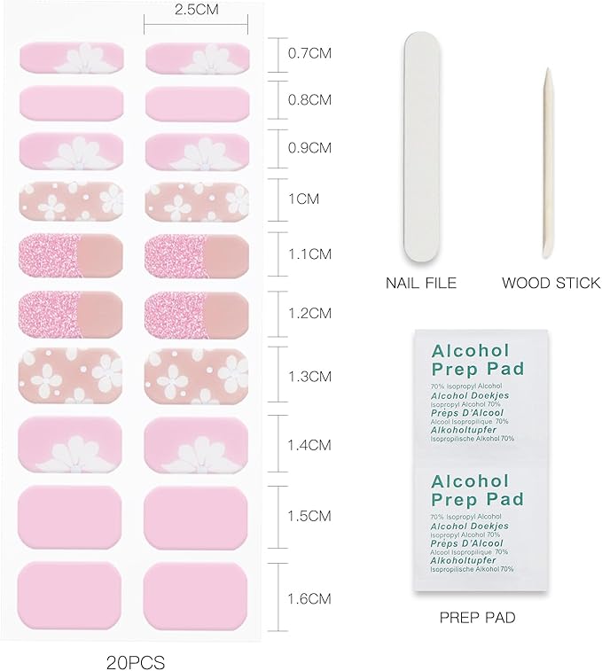 JMEOWIO Gel Nail Stickers French Tip Pink White Flower Semi Cured Gel Nail Strips Wraps UV/LED Nails Art Design Decoration Accessories