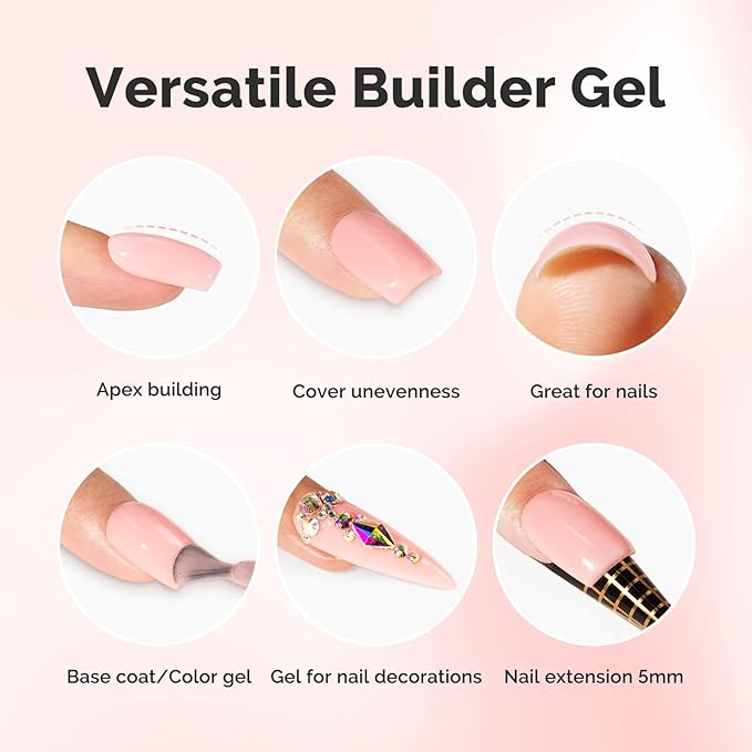 MelodySusie Nude Pink Builder Nail Base Gel for Nails Thickening, Soak Off UV Extension Gel, Rhinestone Nail Glue for Nail Art Design Salon DIY Manicure at Home Gift for Women-012