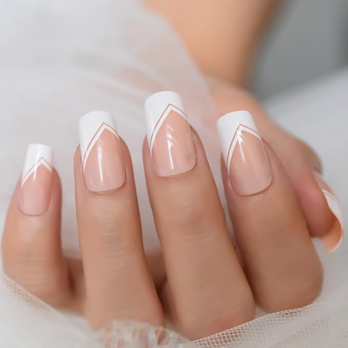 Nude White Press On Nails Medium Square French Glossy Gel Nails Full Cover False Nail Art Tips Salon Manicure Set