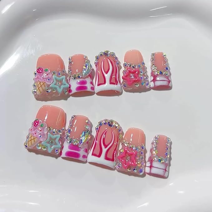 10 Pcs Thick Press on Nails Medium Duck Handmade Nails with Glue,Nude Pink False Nails Luxury Rhinestone Fake Nails with Red Dot Glossy Acrylic Reusable Stick on Nail for Women（Size M）
