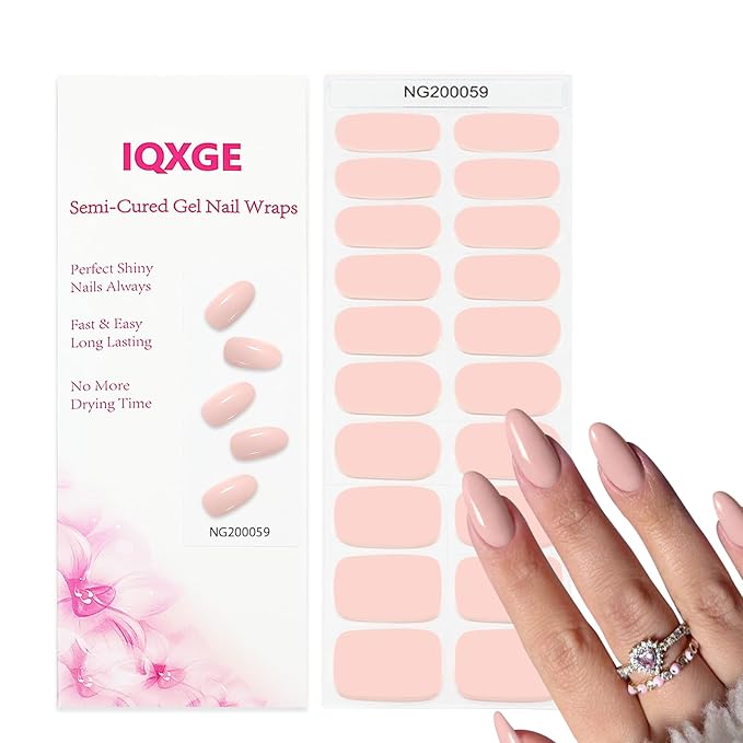 Semi Cured Gel Nail Strips Light Pink Gel Nail Stickers 20Pcs Full Polish Nails Wraps UV/LED Light Needed Gloss Nails Polish Strips for Women Includes Prep Pads, File, Wooden Cuticle Stick