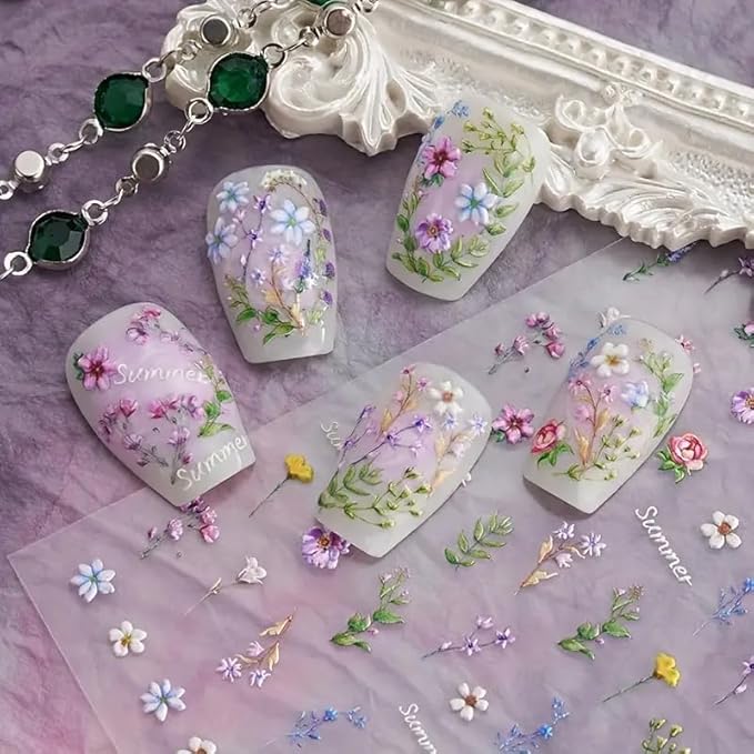Nail Stickers, 3 Sheets 5D Embossed Art Decals, Self-Adhesive Sticker Charms for Manicure Pedicure, Butterfly Floral, Multicolor