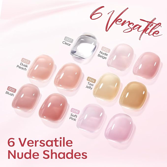modelones Rubber Base Builder Nail Gel Polish, 6 Color Clear Nude Milky Baby Pink Jelly Brown 6 in One Strengthener Apex Building Extension for Weak Nails Long Last U V French Manicure Gift for Women