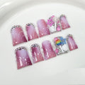 Handmade Press on Nails Medium Duck Fake Nails Acrylic with 3D Rhinestones Lollipop Shell Designs False Nails with Glue,Pink Gradient Acrylic Stick on Nail for Women 10 Pcs (Size M）