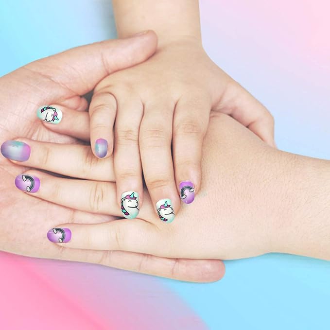 Allstarry 120pcs 5 pack Children Nails Press on Pre-glue Full Cover Glitter Gradient Color Rainbow Short False Nail Kits Lovely Gift for Children Little Girls Nail Art Decoration -Mermaid & Unicorn