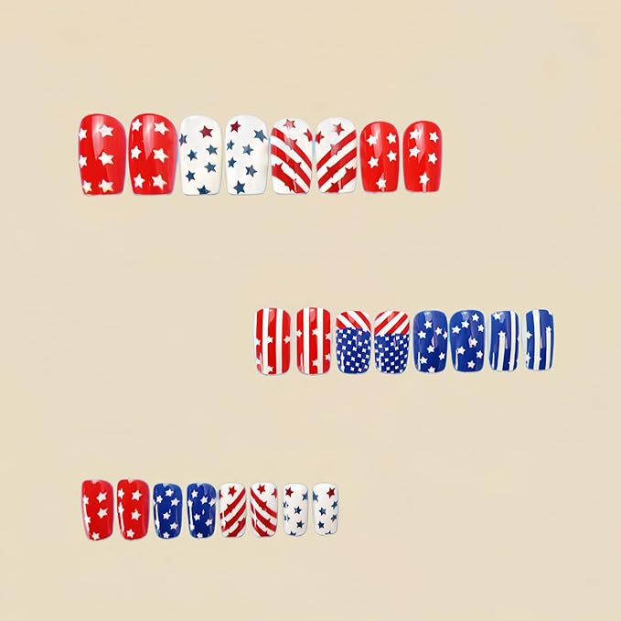 Independence Day Press on Nails Medium Square Fake Nails Patriotic Flag Pattern False Nails Full Cover Glossy Stick on Nails Reusable Acrylic Nails for Women 4th of July Manicure Art