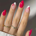 French Press on Nails Removable Almond Short Glue on Nails Rose Red Full Coverage False Nails with Designs Flower Easy to Use For Daily and Party Stick on Nails 24 Pcs