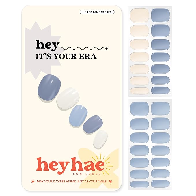 Heyhae Semi Cured Gel Nail Strips | No LED Lamp Needed | Solid, Blue, Spring | Easy Apply & Remove, Salon Quality | Includes 28 Strips, 1 Prep Pads, Nail File & Wooden stick - Hey, It's Your Era