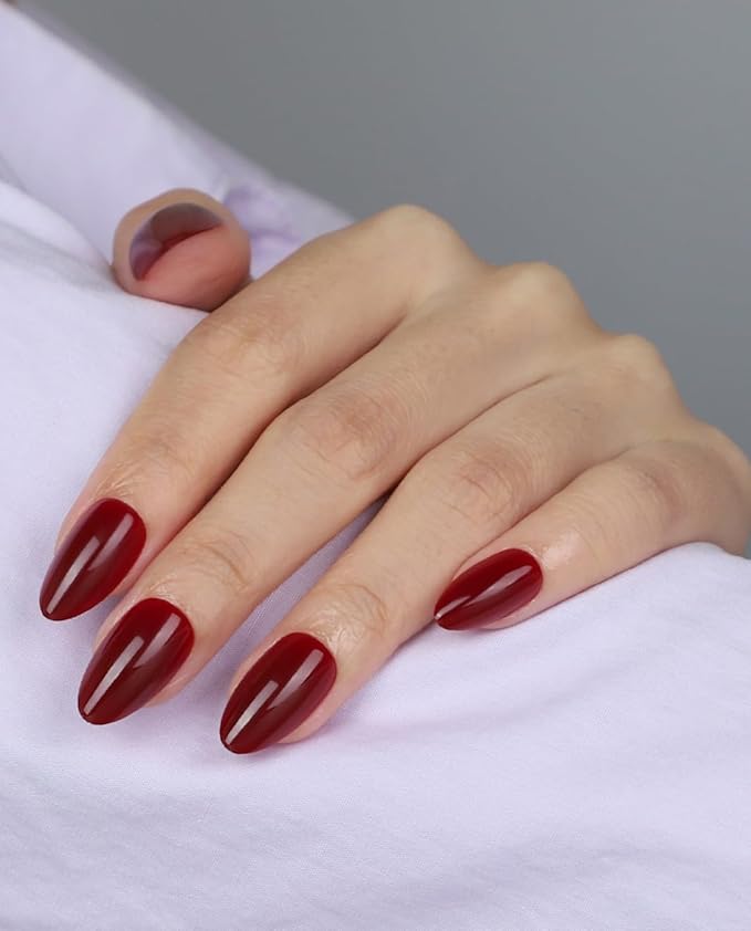 Burgundy Red Press On Nails Short, 16 Sizes Almond Fake Nails Glossy 32pcs, Nail Glue Included