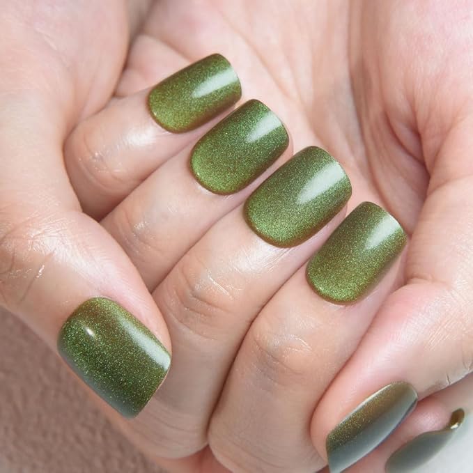 evpct Light Green Cat Eye Extra Short Press on Nails Square, Petite Short Square Stick on Nails for Women Gift, Light Green Metallic Glitter Glossy Reusable Gel Press on Acrylic Fake Nail with Designs