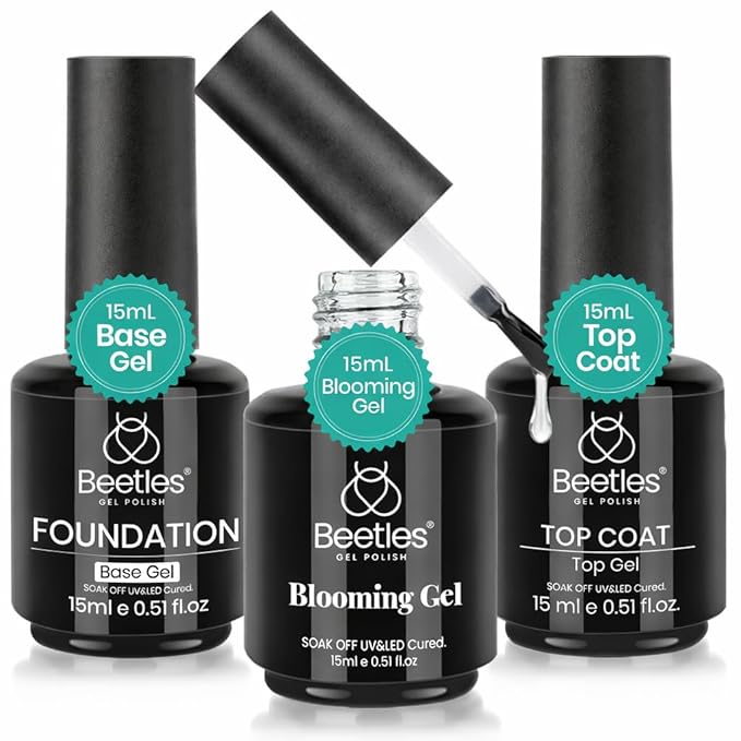Beetles 3PCS Blooming Gel Nail Polish & No Wipe Base Top Coat Set, 15ML Shine Finish Long Lasting Top Base Gel Spreading Marble Effect Soak off UV LED Nail Art Gifts for Women Diy at Home