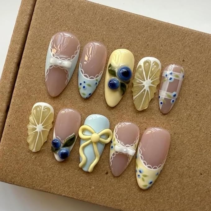 Press On Nails, 10 Pcs Handmade French Almond Fake Nails, Reusable Artificial Cute Fruit Pattern False Nails for Women 3D Acrylic Nails Kit (Size L)