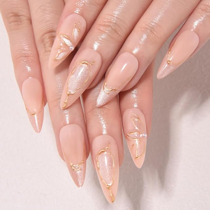 evpct 3D Cat Eye Press on Nails Medium Almond with Gold Line Design, Nude French Tip Stick on Nail for Women Gift with Kit, Reusable Full Cover Soft Gel Press on Fake Nail with 3D Flower Floral Design
