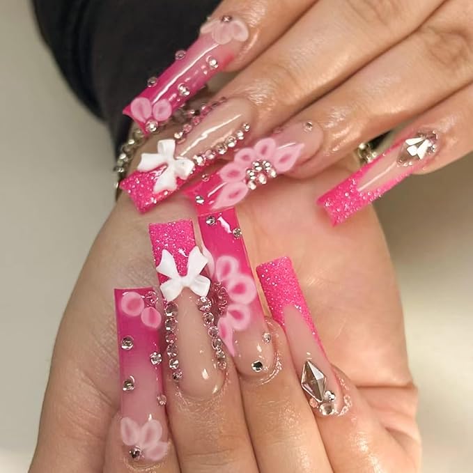 Pink French Tip Press on Nails Long Square Fake Nails 3D Bow Rhinestone Design Full Cover Glossy Glue on Nails for Women 24PCS