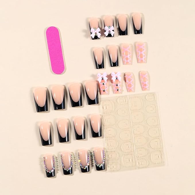 Black French tips Press on Nails Pink Long Square Fake Nails with 3D Bow Charms Design Rhinestone Glue on Nails Glossy Reusable Spring Summer Nails for Women Girls Manicure 24pcs