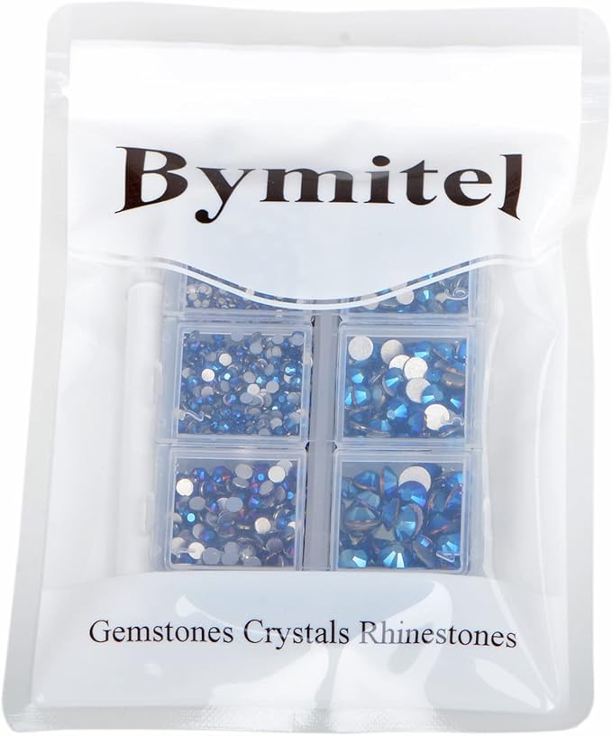 Bymitel 5000 Pieces 6 Mixed Sizes Glue Fix on Glass Rhinestones Round Crystal Gems Flatback for DIY Jewelry Making with one Picking Pen (6-Sizes 5000PCS, Mine Blue)