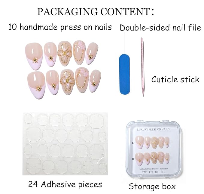 10 Short Almond Handmade Press On Nails | Nude & Blush Ombre Design with 3D Floral & Gold Accents | Salon-Quality, Easy Apply/Remove, Reusable & Long-Lasting (251214, XS)