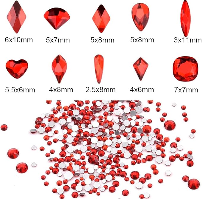 100pcs Glass Red Nail Rhinestones Shapes Mix 720pcs Flat Back Crystal Gem Stones Nail Decoration Charms Bulk Pack Supply