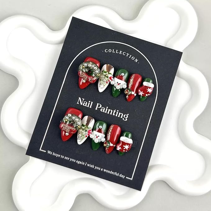 100% 5D Handmade Press on Nails Christmas Medium Almond Fake Nails Press ons Canes Santa Claus False Nails Green Red Santa Hat Press on Nails Wreath Fake Nails for Women Girls Manicure Size L