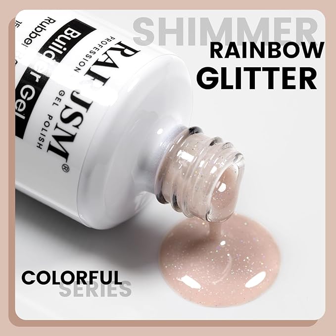 RARJSM Nude Ivory Pink Rubber Base Gel Nail Polish Rainbow Glitter Sheer Pink Rubber Base for Nails Iridescent Brush on Quick Extend Builder Hard Gel Soak Off Curing Requires 15ml French Manicure