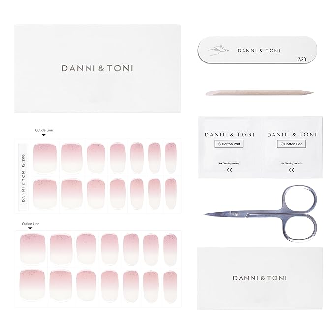 DANNI & TONI Semi Cured Gel Nail Strips Translucent (Mystery Veil) Pink Ombre Nail Stickers Glitter Gel Nail Wraps 28 Stickers