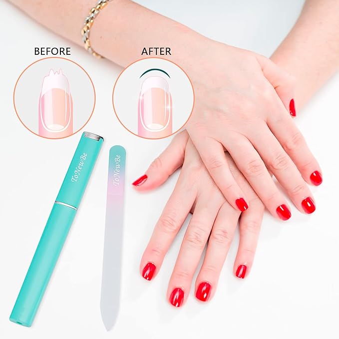 Glass Nail File in Case, Glass Fingernail File, Christmas Gifts Stocking Stuffers, Double-Sided Etched Crystal Nail File for Nail Art & Nail Care(Green)