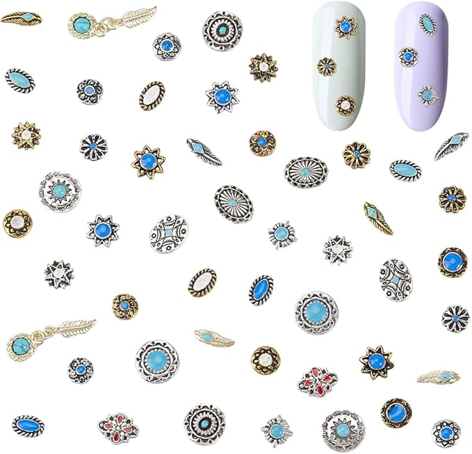 WADORN 50Pcs Turquoise Nail Charms, Western Bohemia Enamel Metal Nail Art Charms 3D Metallic Gems Decor for DIY Manicure Accessories Woman Girl Valentines Wedding Prom Nails Craft Decorations