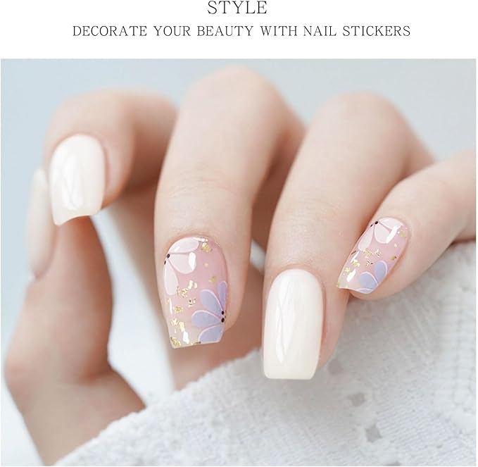 JMEOWIO Gel Nail Stickers Beige Purple Flower Semi Cured Strips Wraps UV/LED Supplies Art Design Decoration Accessories