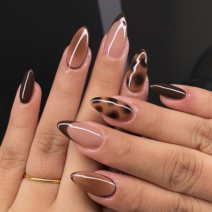 Press on Nails Medium Almond MABKJLF French Tip Fake Nails False Nails with Tortie Designs Brown Glossy Glue on Nail Fall Acrylic Nails for Women Girls 24Pcs