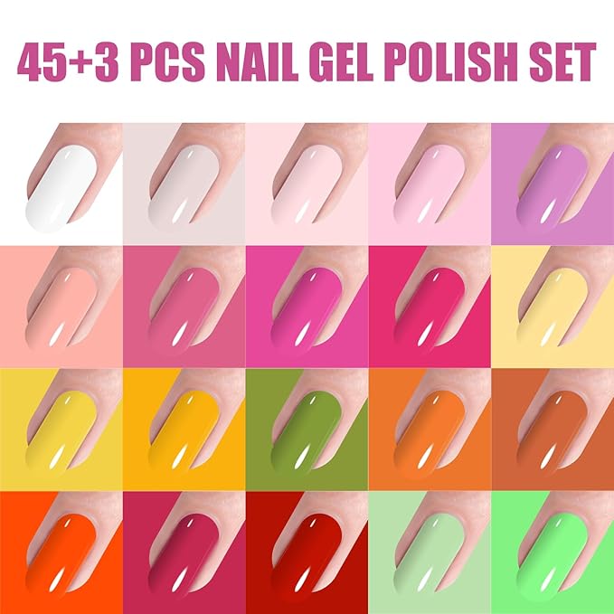 Vishine Gel Nail Polish Set - 45 Color Gel Nail Polish with Base Top Coat Lasting Nail Gel Polish Soak Off UV LED Gel Polish Manicure Kit 48Pcs 8ml