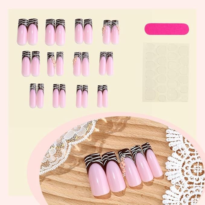 Square Press on Nails Long Brown Stick on Nail Tips Zebra StripeNails Press Ons with 3D Flowers Press on False Nails for Women 24pcs
