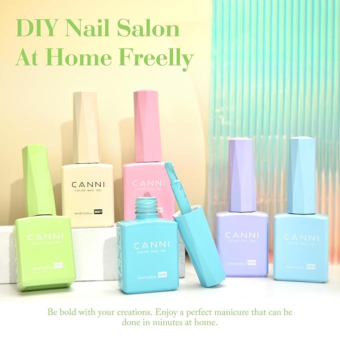 CANNI Gel Nail Polish Set - 6 Soft Shades (Pink, Blue,Lavender, Green, Ivory, White), 9ML Soak-Off UV LED Gel, HEMA-Free, for DIY or Salon Manicure