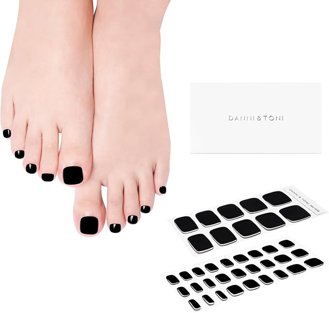 DANNI & TONI Semi Cured Gel Pedi Strips (Black Panther) Toenail Black Solid Color Pedicure Gel Nail Stickers for Toes 37 Stickers