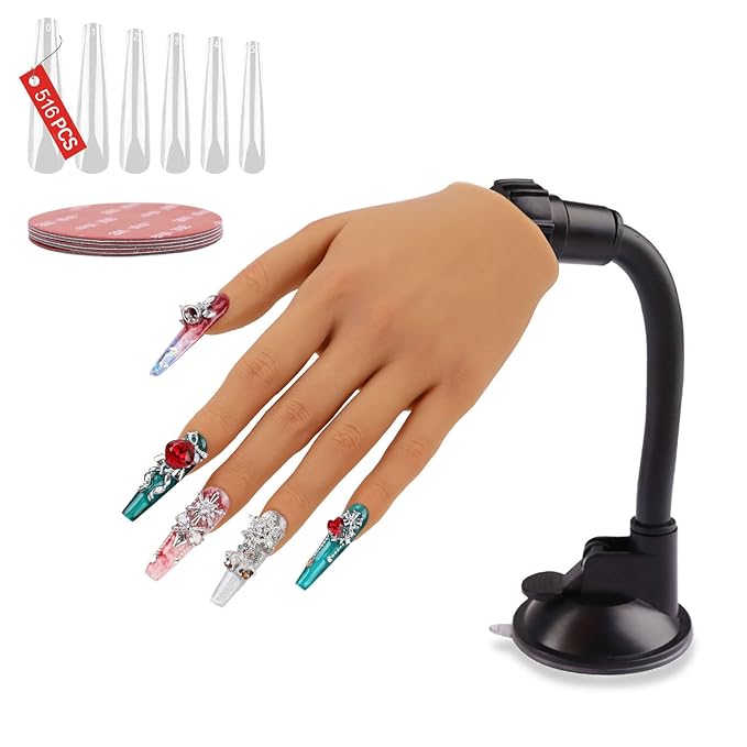 Nail Practice Hand for Acrylic Nails with 516 Pcs Nails, Silicone Fake Hands to Practice Fake Nails Mannequin Hand for Nails Practice and Nail Art Single Left Hand Brown