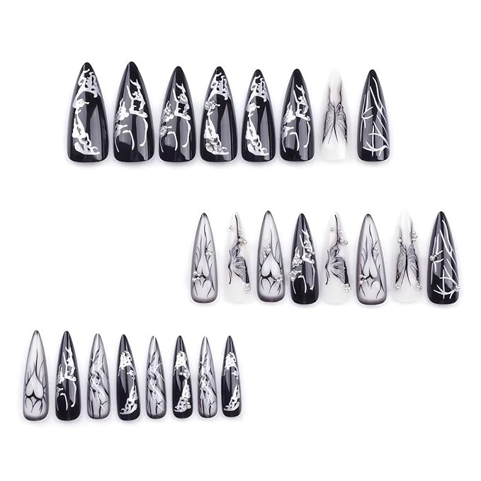 xl Black Press on Nails Long Almond Nails Press Ons Butterfly&Love Design False Nails Full Cover Arificial Glossy Fake Nails Gift for Womens 24pcs