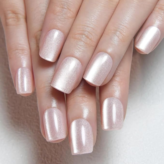 evpct Nude Cat Eye Short Press on Nails Square, Stick on Nails Short Square for Women Gift, Pearl White Metallic Glitter Glossy Reusable Spring Summer Soft Gel Press on Acrylic Fake Nail with Designs