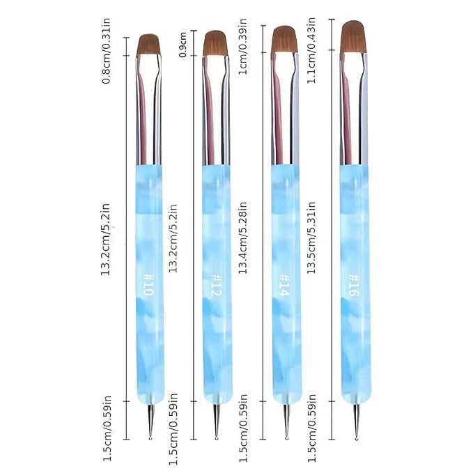 4Pcs French Tip Brush, Double-Ended French Brushes for Nails with Dotting Tool, Clean Up Brush for Gel Nail Polish, Size 10/12/14/16, Acrylic Nail Art Brushes, Manicure Tools for Nail Design-Blue