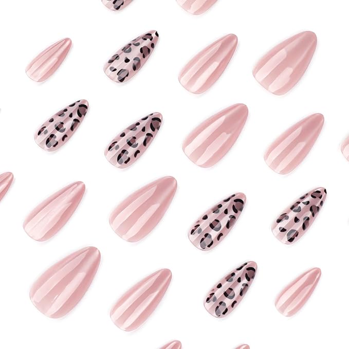 Leopard Press on Nails Medium Almond Fake Nails Nude Cat Eye Nails Press ons with Design,Reusable & Easy Apply Full Cover Stick on Nails for Women Fall Winter Manicure 24Pcs