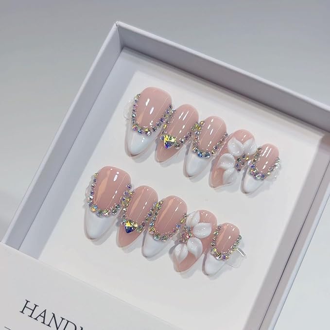 Handmade Press On Nails Almond White French Tip False Nails 3D Flower Design - Reusable Acrylic Fake Nails with Colorful Rhinestone Luxury Blossom Stick on Nail with Glue for Women (M)