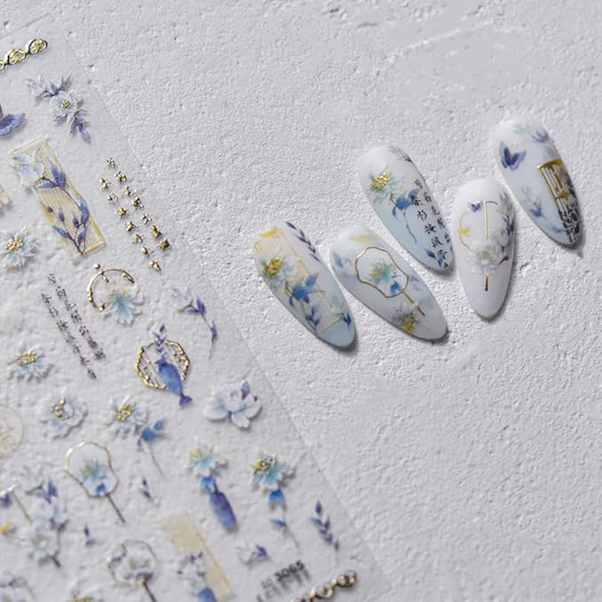 Antique Flower Nail Art Stickers 5D Nail Decals Self Adhsive Chinese Porcelain Style Orchid Flowers Sticker for Women Girls DIY Nails Manicure Salon (Flower)